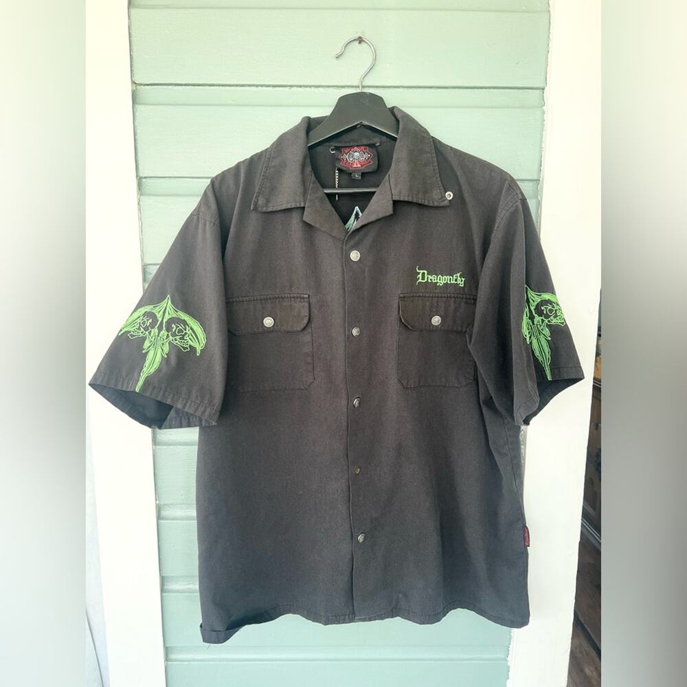 Vintage Y2K dragonfly roadhouse mens snap front button down skull rock moto punk